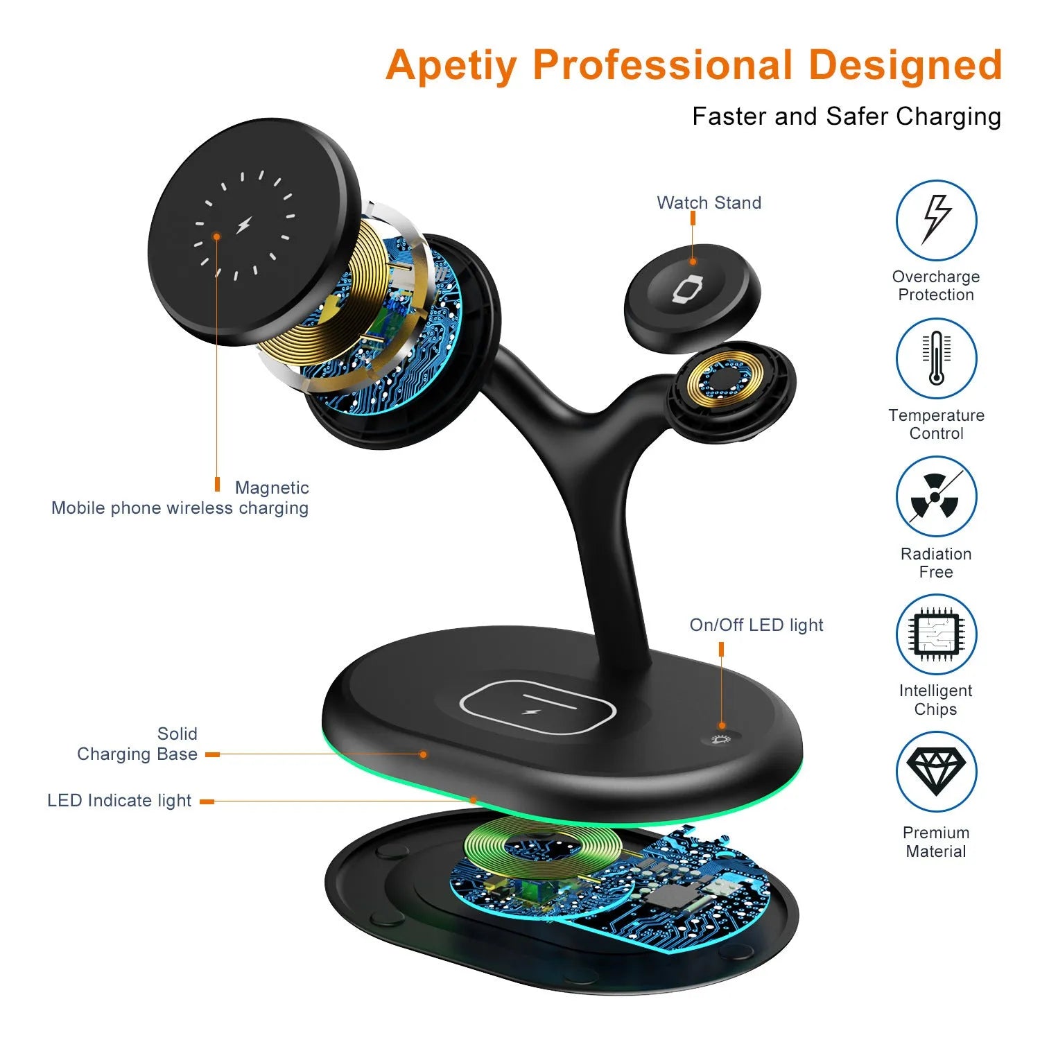 Black magnetic wireless charger with three-in-one functionality and ABS plastic construction