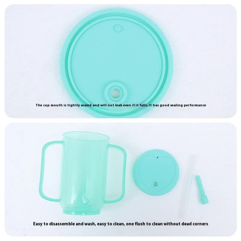 Adult choke-proof drinking cup with handle and slanted lid for bedside use.