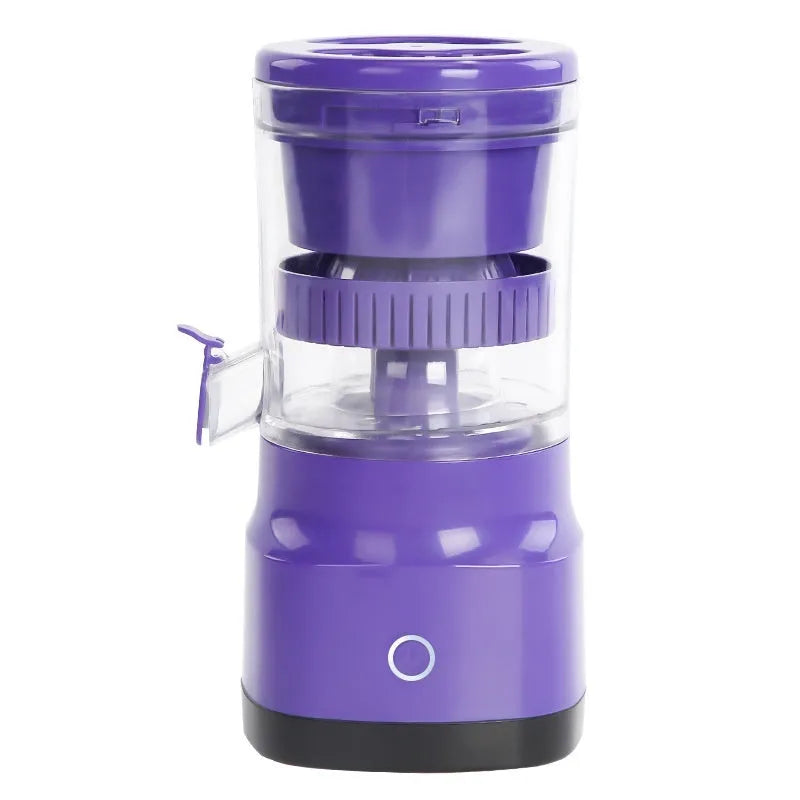 Purple USB rechargeable electric citrus juicer with detachable jug on a kitchen counter.