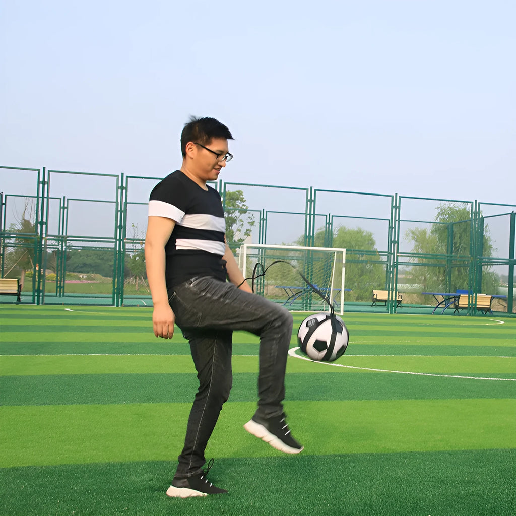 Black football training juggling belt with a 2-metre long cord made from diving suit fabric.