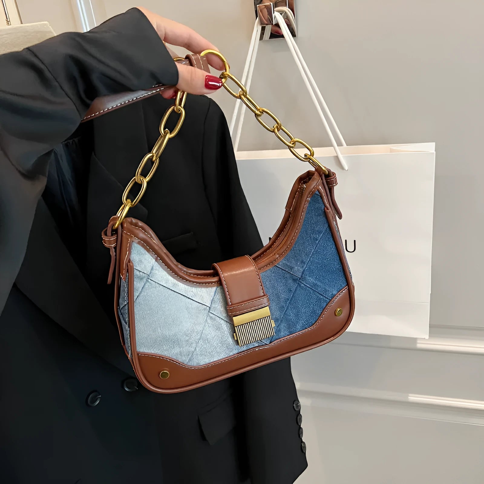 Brown denim women's shoulder bag with diamond mesh panels and chain straps