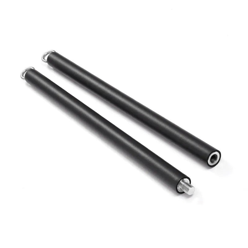 Stainless steel pilates stick with black EVA sponge grip and a silver bearing ring.