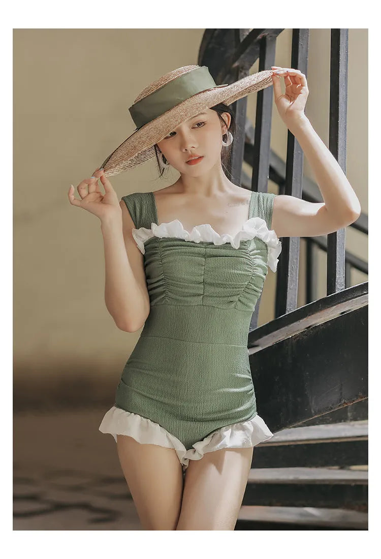 Korean style high-waisted one-piece swimsuit in quick-dry polyester fabric