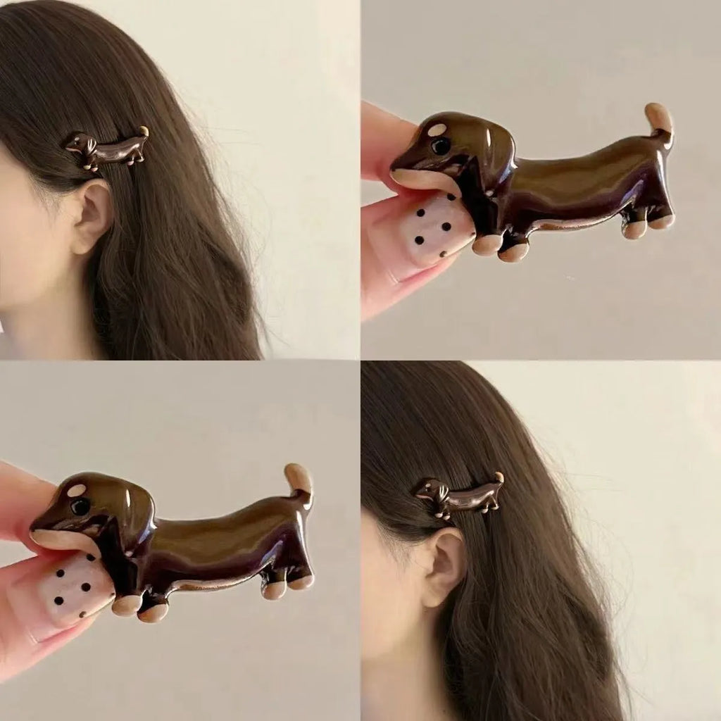 Dachshund dog hair barrette with delicate wire construction and electroplated finish