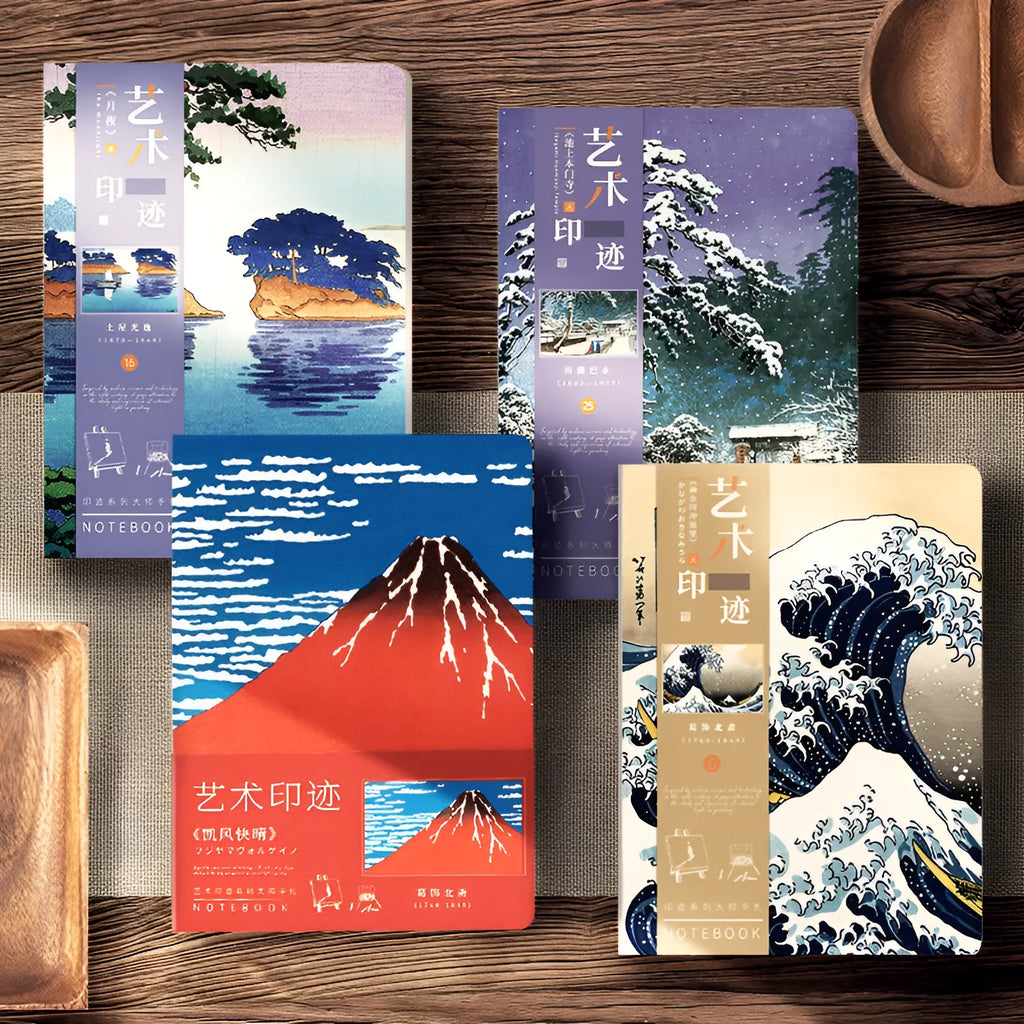 Ukiyo-e series hand ledger notebook open showing retro Japanese wave print cover and lined Daolin paper pages.
