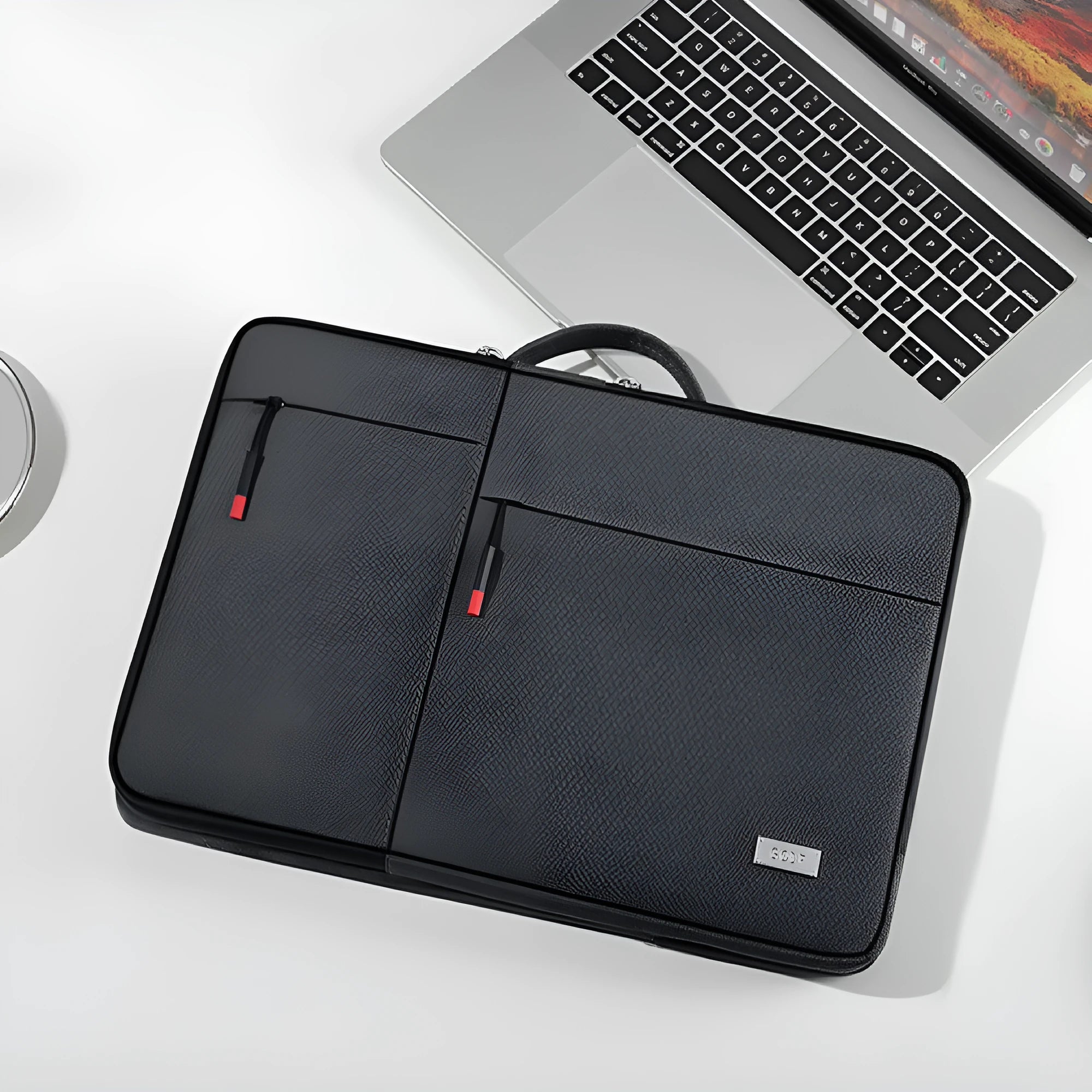 Men's 14-inch laptop protective sleeve bag in light grey Oxford fabric showing shoulder strap