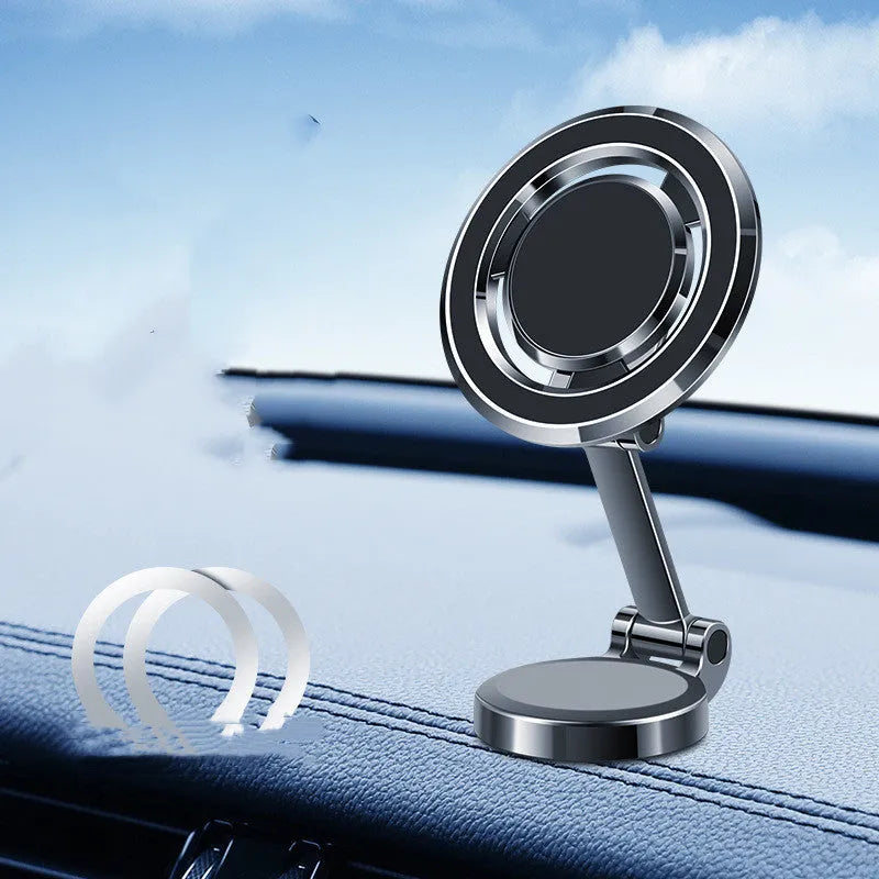 Black car dashboard phone holder with magnetic mount and 360-degree rotating bracket