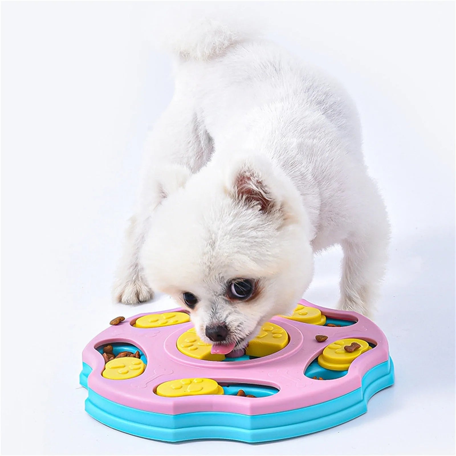 Blue interactive dog puzzle feeder toy with food compartments for mental stimulation during mealtimes