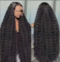 Long curly synthetic lace wig in afro style with side bangs, shown in a dark colour.