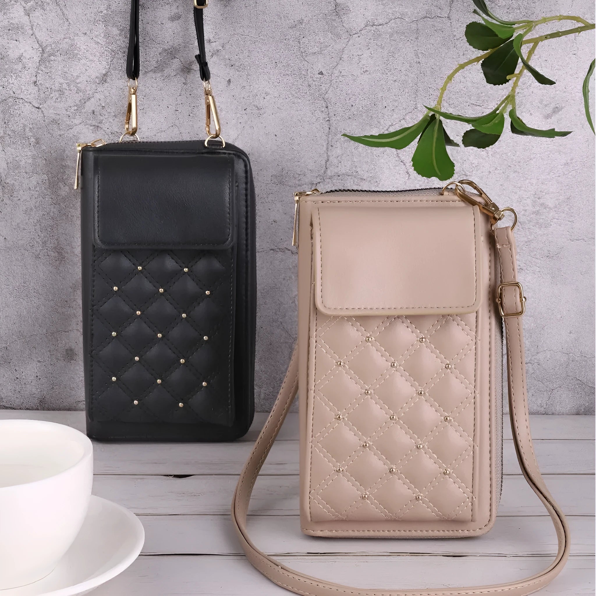 Fashion all-match mobile phone bag classic rhombus light luxury clamshell PU square vertical black khaki