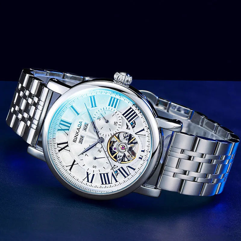 Men's automatic mechanical waterproof watch with steel bracelet in business chronograph style