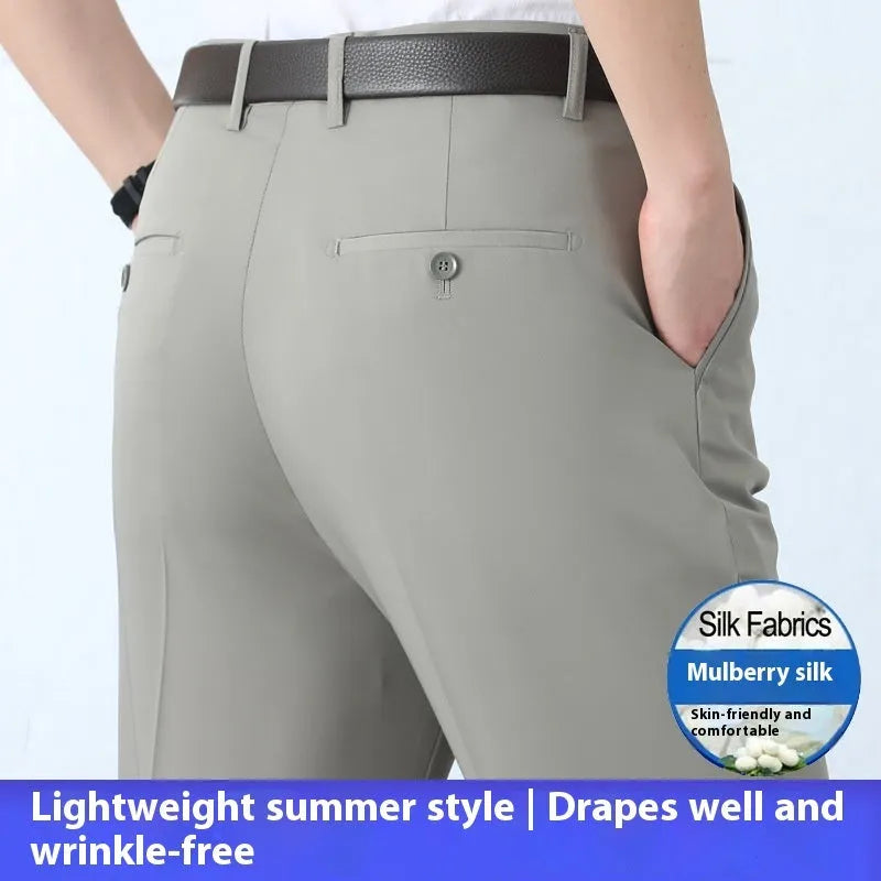 Men's straight-leg business trousers in mulberry silk blend with high-waist design