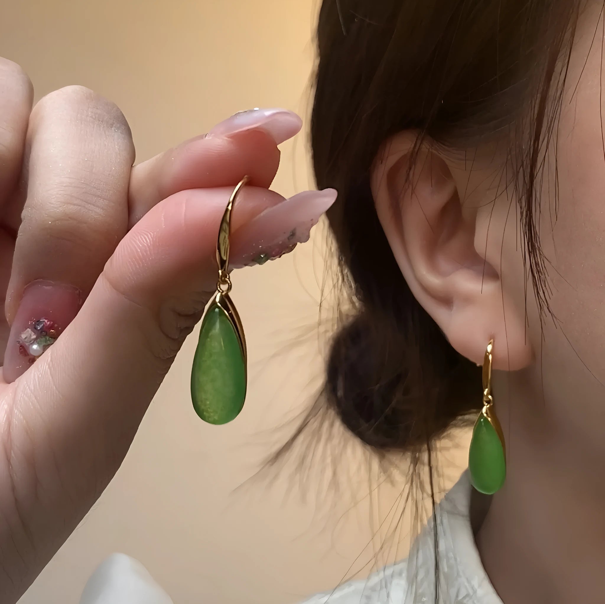 Chinese style geometric water droplet earrings in retro jade colour for women