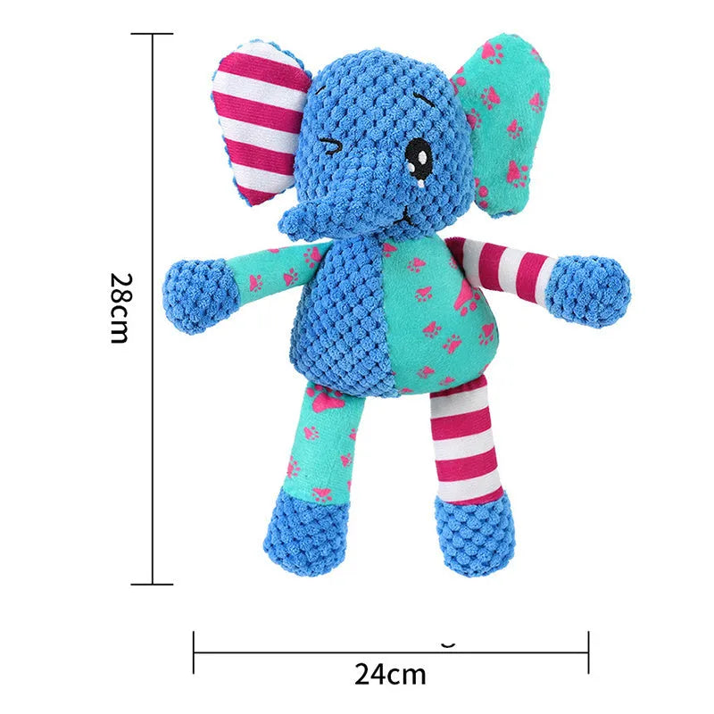 Interactive dog toy with squeaky and crinkly sounds, plush construction, available in Elephant Fox Rabbit styles