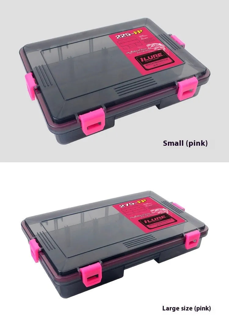 Waterproof fishing lure storage box in PP plastic showing colour options and size specifications