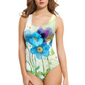 Women's 3D printed polyester one-piece swimsuit showing sunflower or butterfly pattern, sleeveless design.