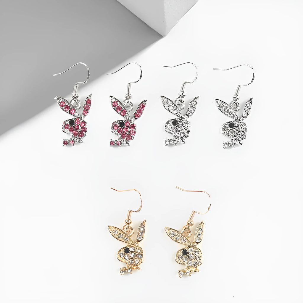 Cute full diamond rabbit stud earrings in silver, pink, and gold alloy.