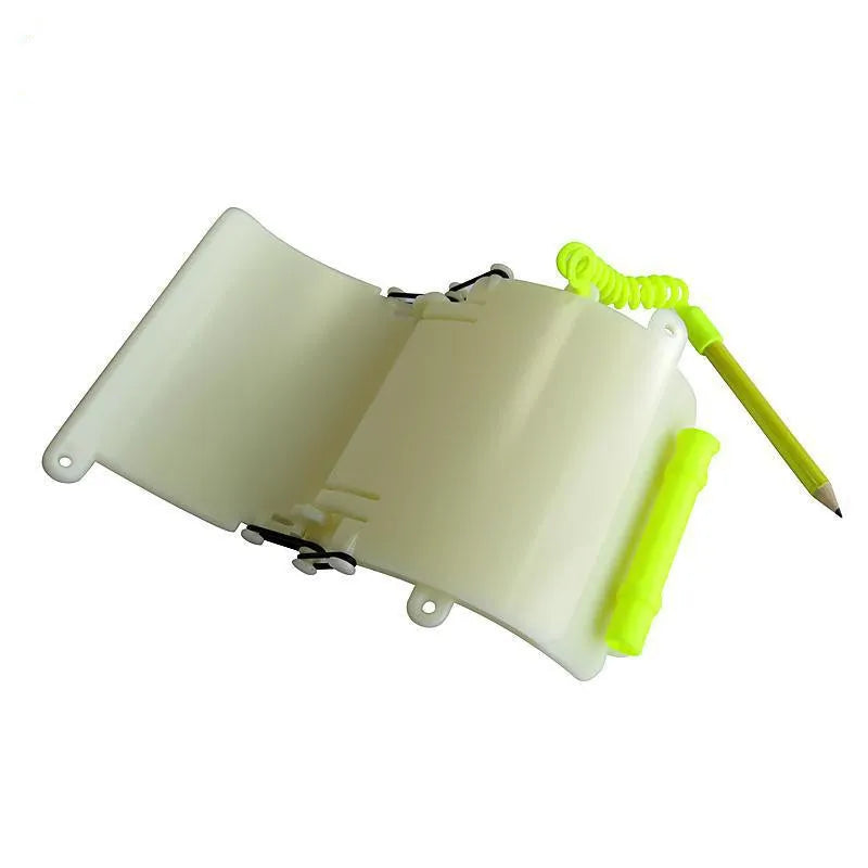 White luminous ABS wrist writing board for underwater communication, shown with a pencil and spare O-ring.