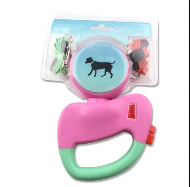 Retractable dog walking leash with 3 metre nylon rope, automatic mechanism, shown in black, pink, or grey