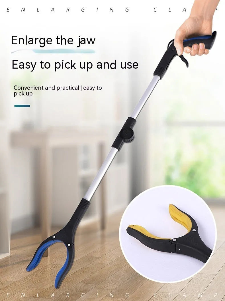 Foldable aluminium garbage clamp with blue handle extended to 80cm and folded to 42cm with magnet