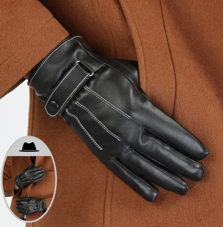 Men's winter leather PU riding gloves with velvet lining and touch screen in monochrome design