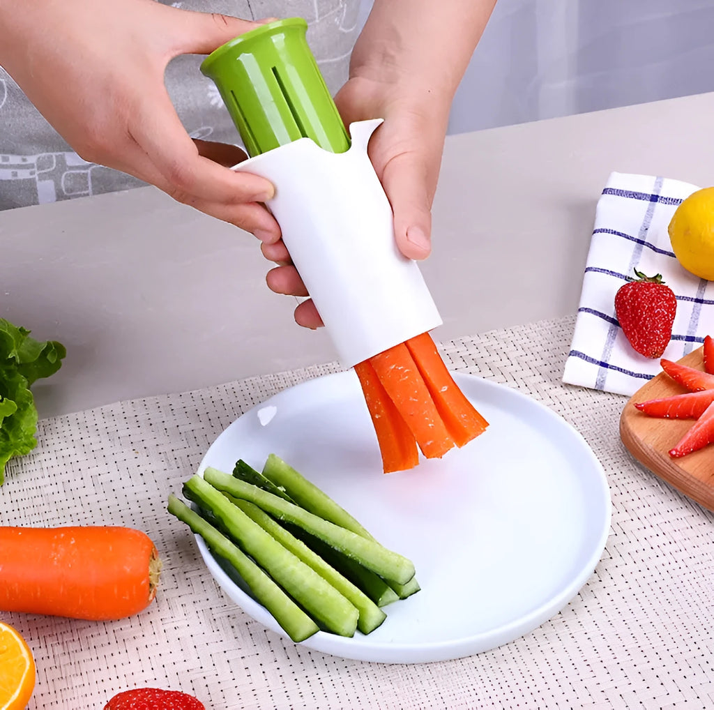 White ABS plastic vegetable and fruit slicer with six stainless steel blades.
