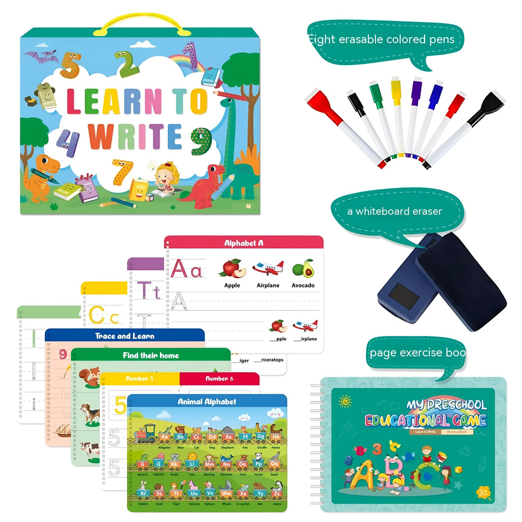 Montessori handwriting practice book set with erasable pens and reward stickers in gift box