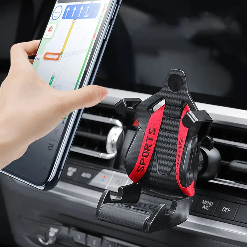 Racing seat shaped 360 degree rotatable car air vent phone holder with gold tape colour option