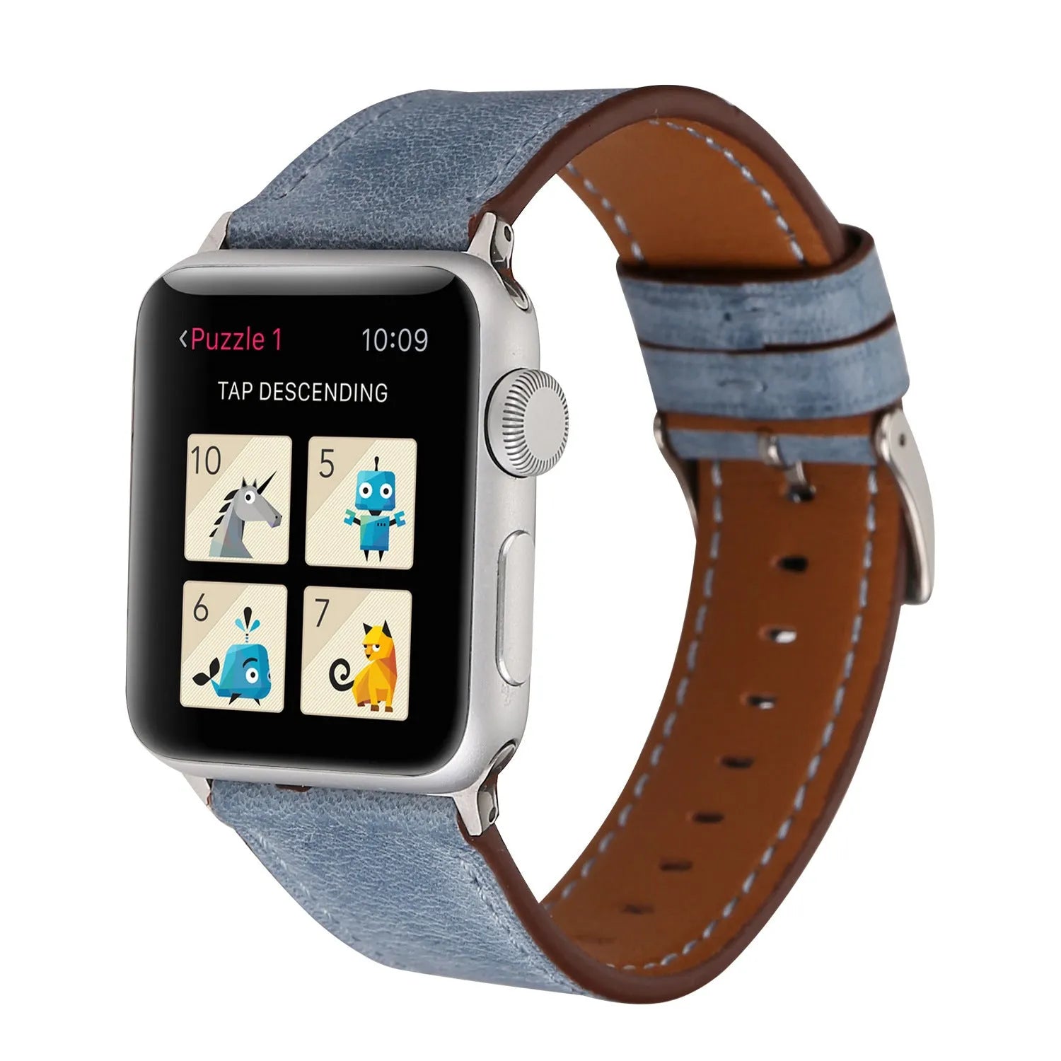 Blue leather watch strap with a silver folding buckle on a 42mm width setting.
