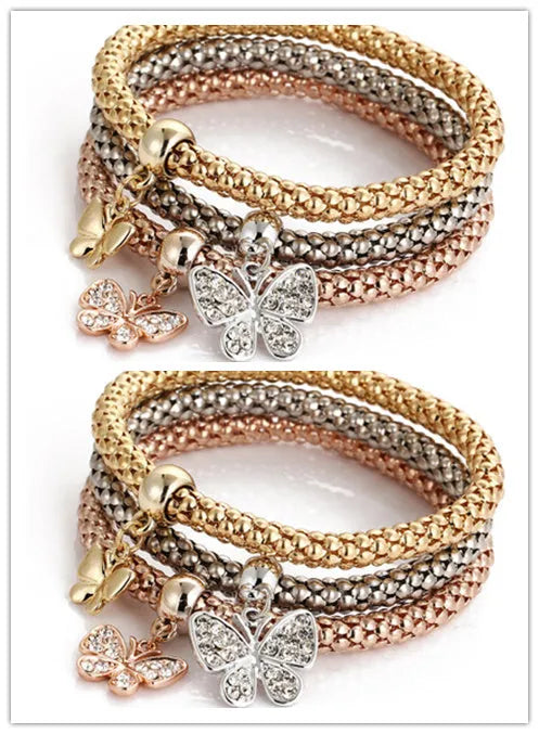 Alloy tricolour stretch popcorn corn chain bracelet set with themed charms in selected colour option