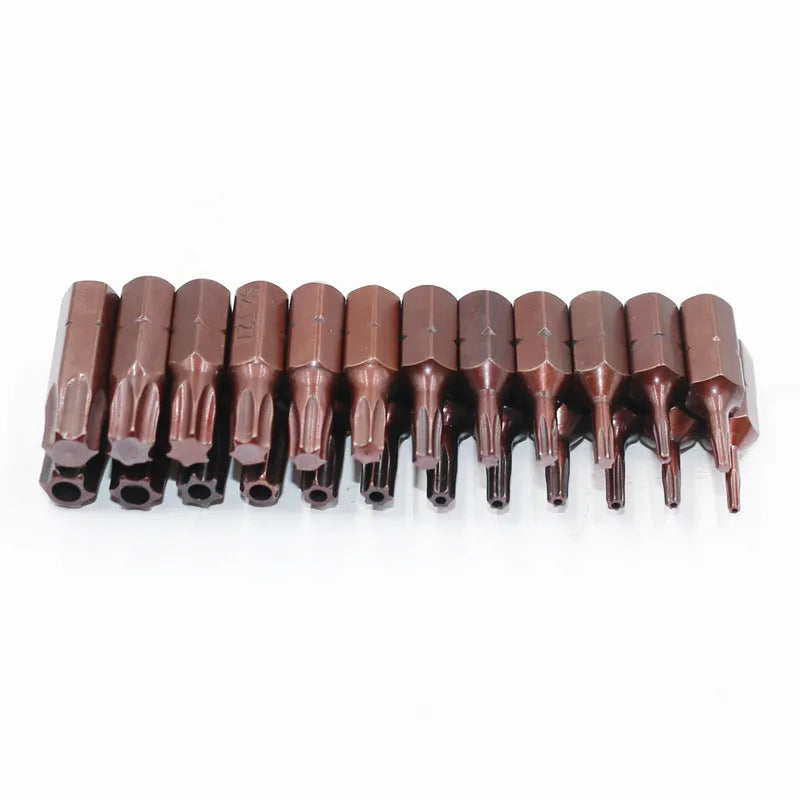 Black magnetic screwdriver bit set showing T6 through T40 sizes with hollow and solid hexagon options
