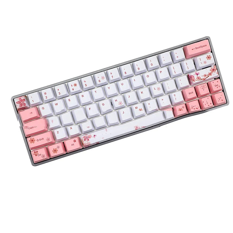 Pink PBT mechanical keyboard key caps with high five-sided sublimation design on black keyboard