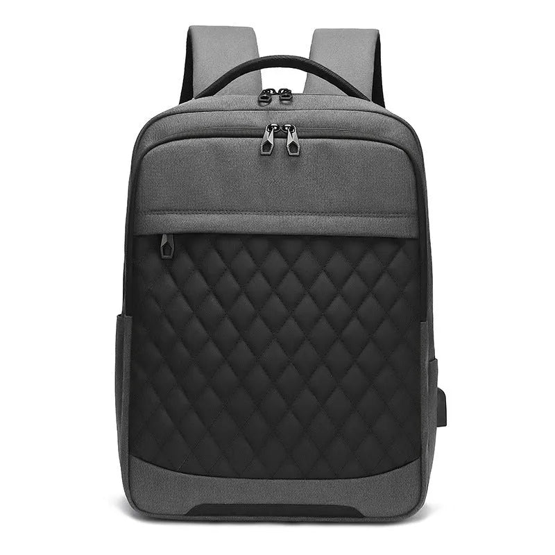 Men's black leisure travel backpack with diamond mesh detail and curved shoulder straps