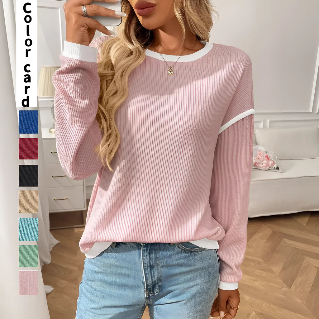 Women's loose fit polyester pullover top in multiple colour options with round neck and long sleeves