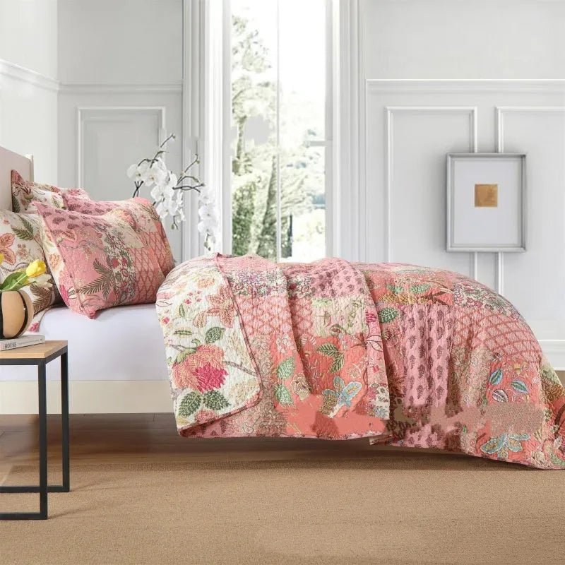 Pure cotton bedding set three-piece, retro floral pattern, pink, plain weave, 230x230cm for 2.0m bed