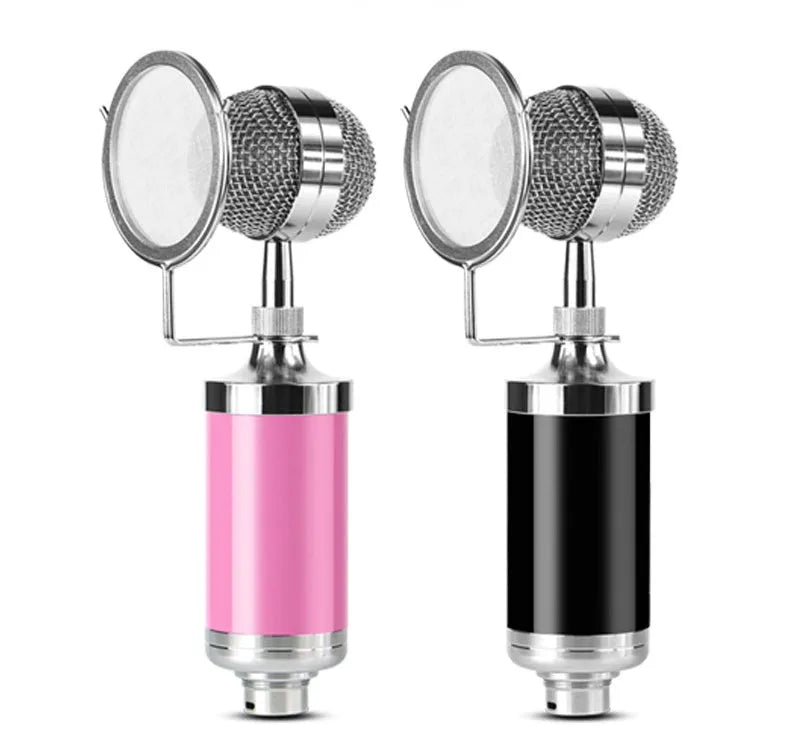 Universal condenser microphone with V8S sound card, earphone, optional handheld or bottle mic, black pink silver colours