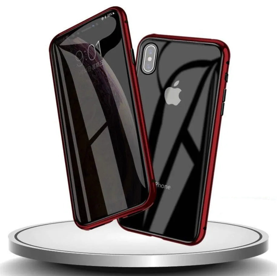 Anti-spy clamshell iPhone case in aluminium and glass, shown in black, silver, red, gold, green, and blue colour options.