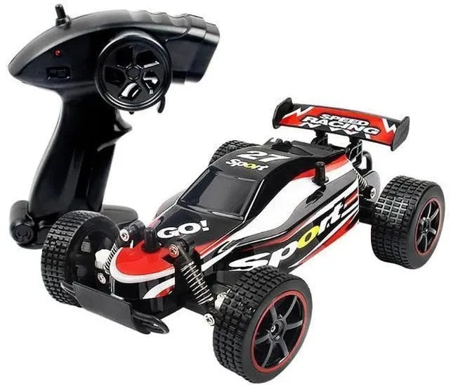 Blue and yellow 1:18 scale remote control drift car with 2.4GHz transmitter on a flat surface