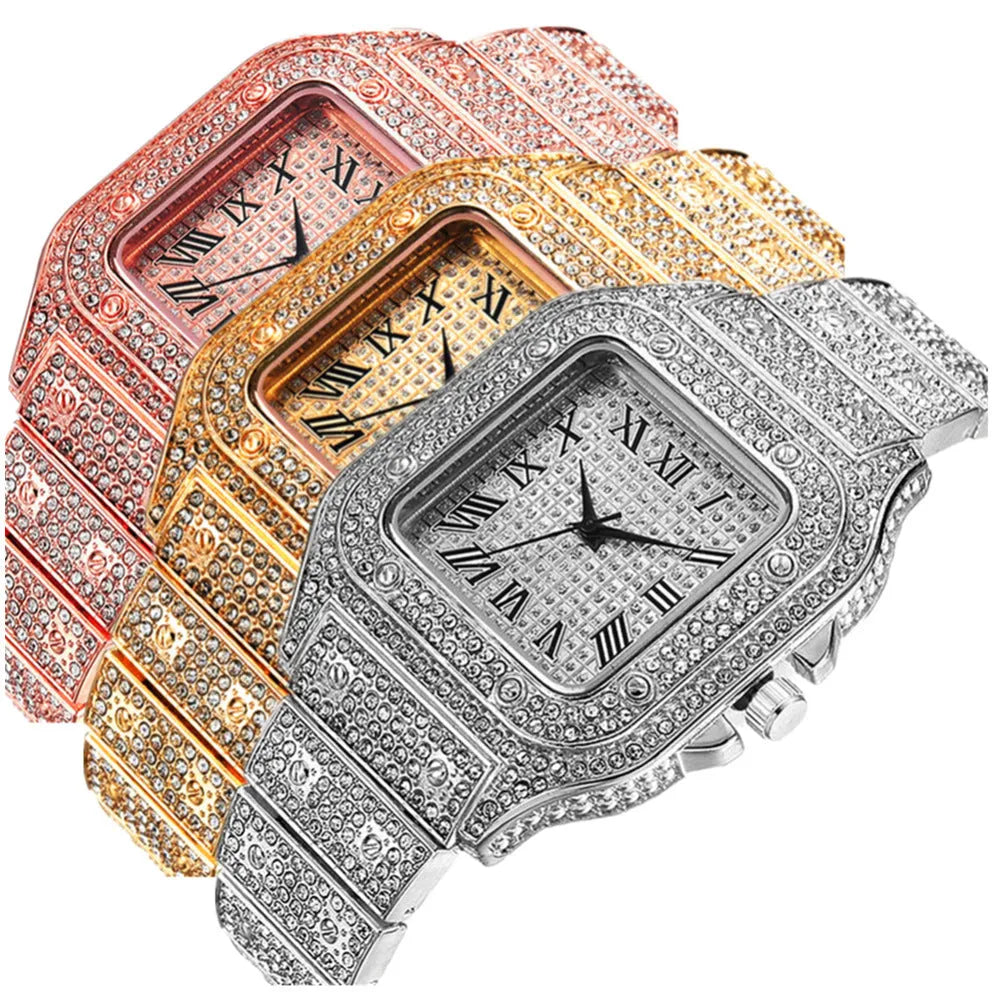 Roman grain graduation quartz watch set with square dial and black mesh band alongside matching bracelet and necklace