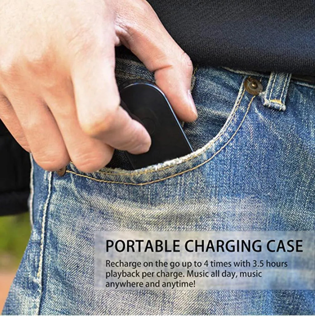 A black wireless Bluetooth single-ear headset for hands-free mobile phone calls.