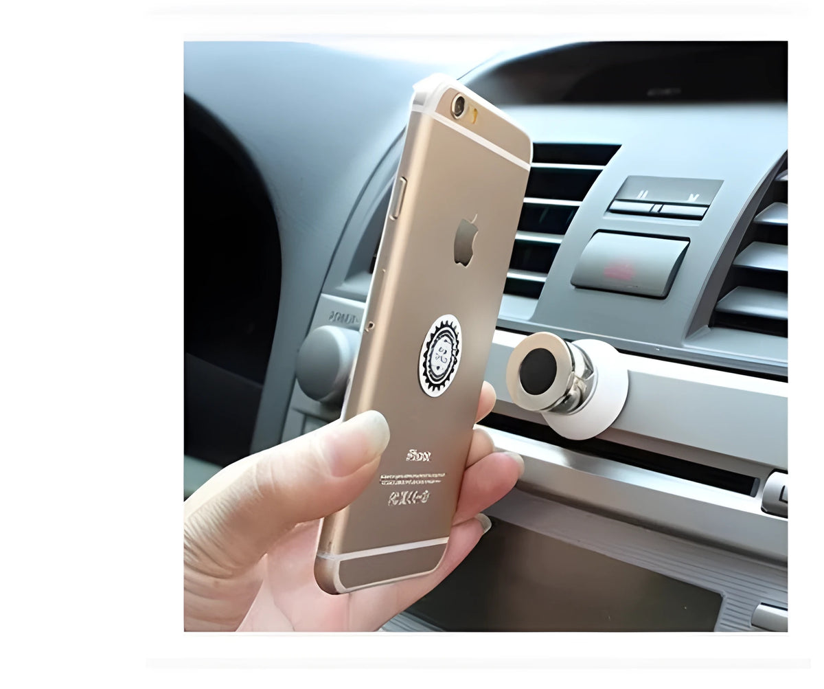Magnetic car phone holder with universal magnet support for Samsung mobile, shown in black or white.