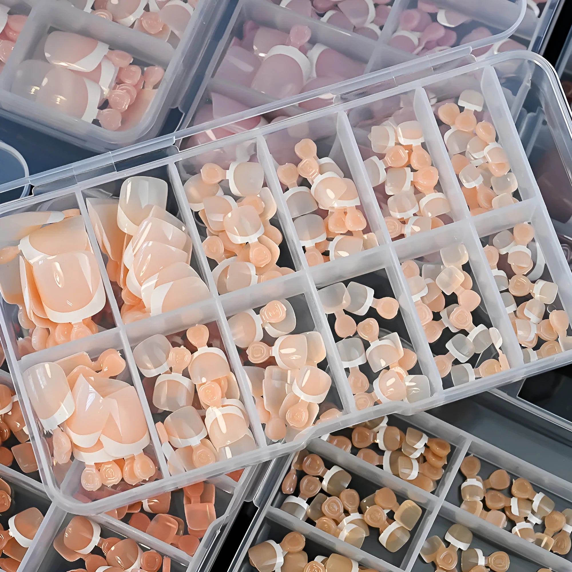 120-piece box of nude artificial toe nails with French white edges in nine shades TD245-B1 to B9
