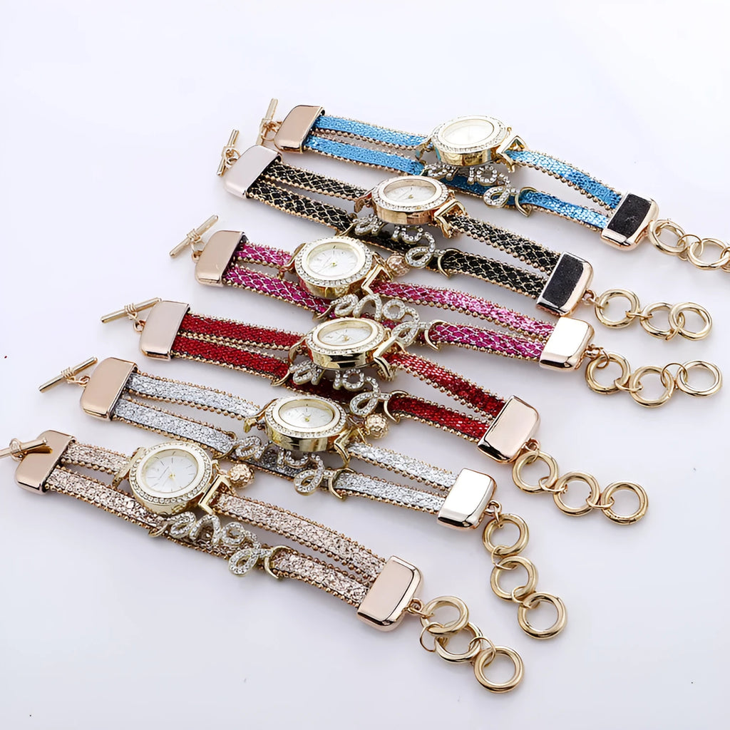 Sequin bracelet watch with round 25mm dial, alloy case and faux leather strap in black