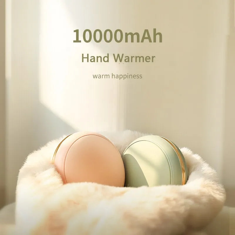 Portable aluminium alloy power bank with hand warmer in coffee colour showing 10000 mAh capacity and Type-C port
