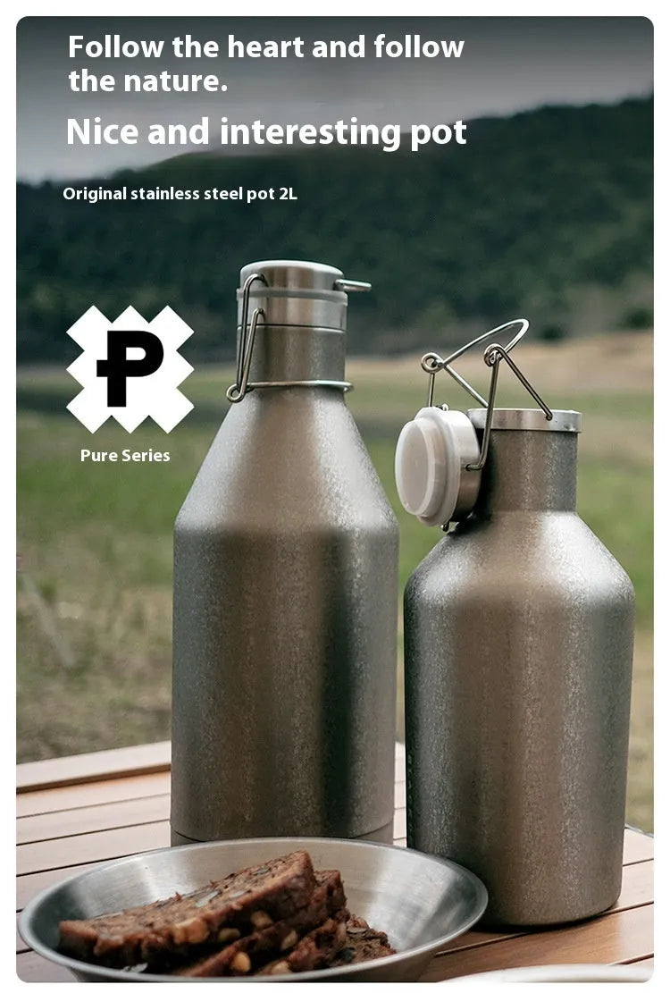 Stainless steel thermal pot with large capacity for outdoor and portable use.