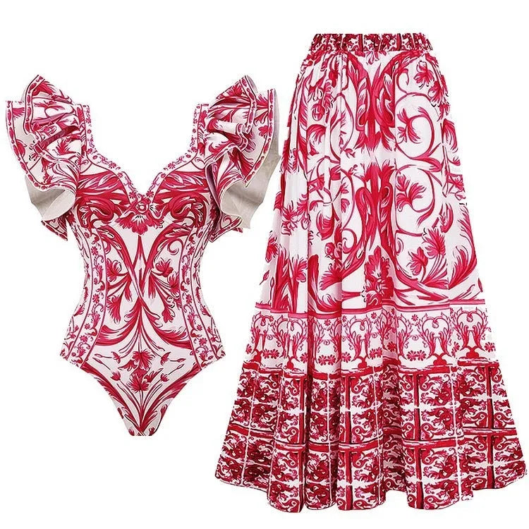 Women's printed one-piece swimsuit in polyester fabric showing suit-style design.