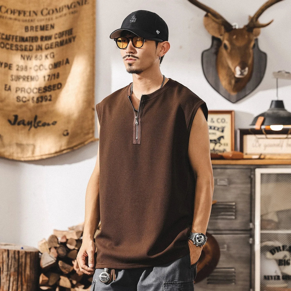 Men's loose waffle texture sports vest with zipper front, sleeveless polyester summer top in black, brown, light gray or white