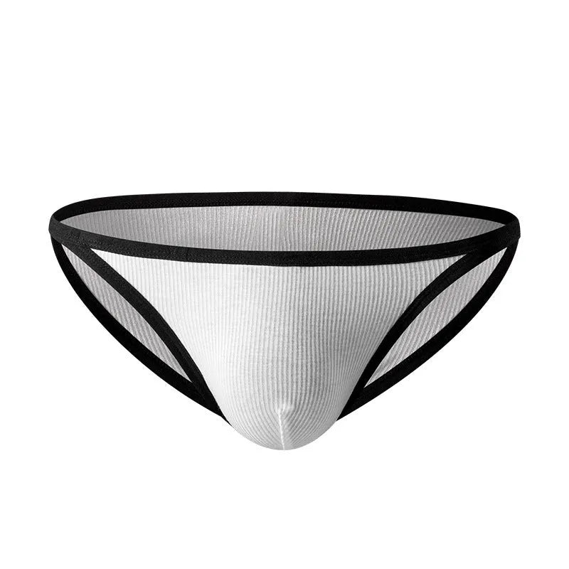 Men's solid colour low waist briefs in rib weave fabric, shown in white and grey.