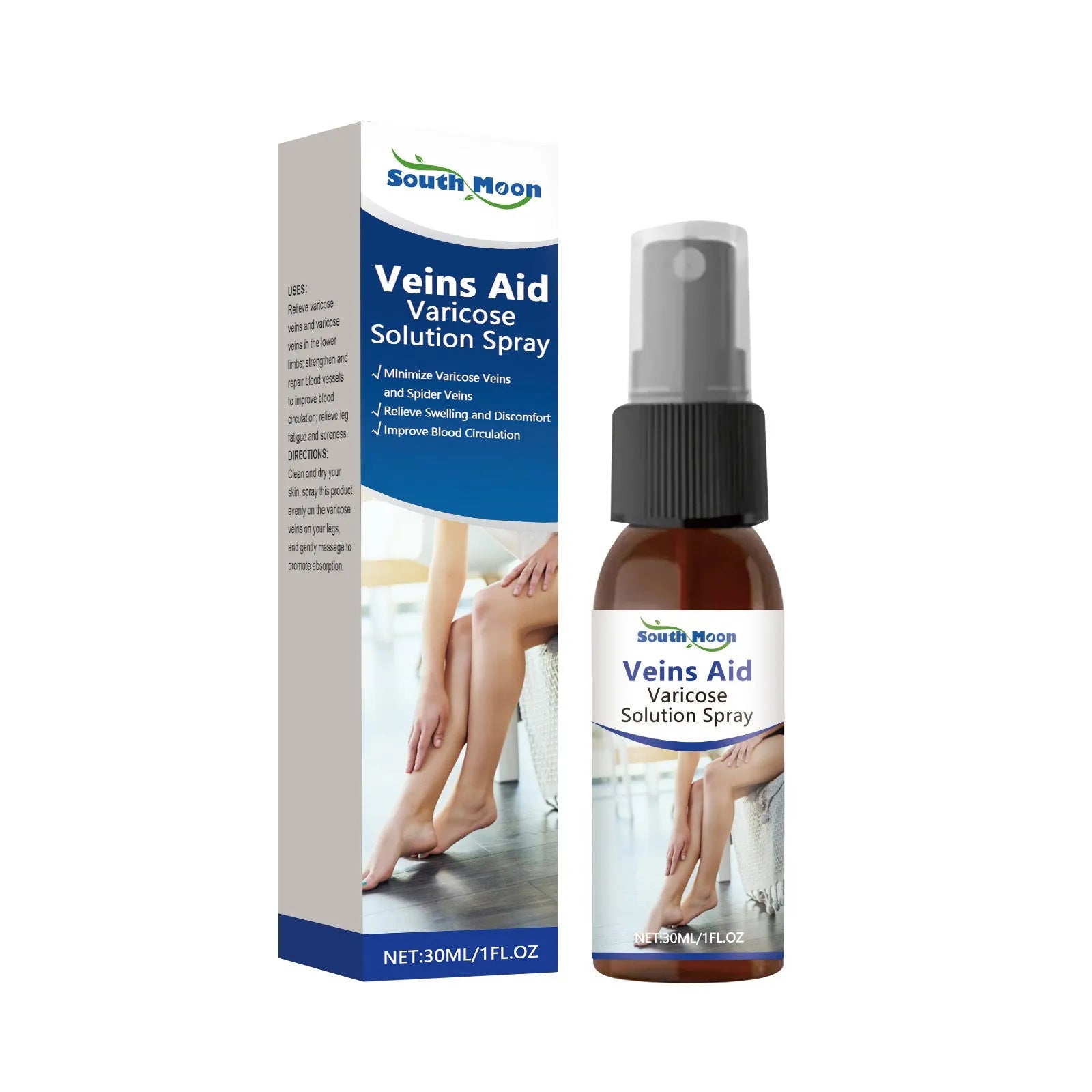 30ml bottle of leg care massage spray with menthol and ginger for tired legs.