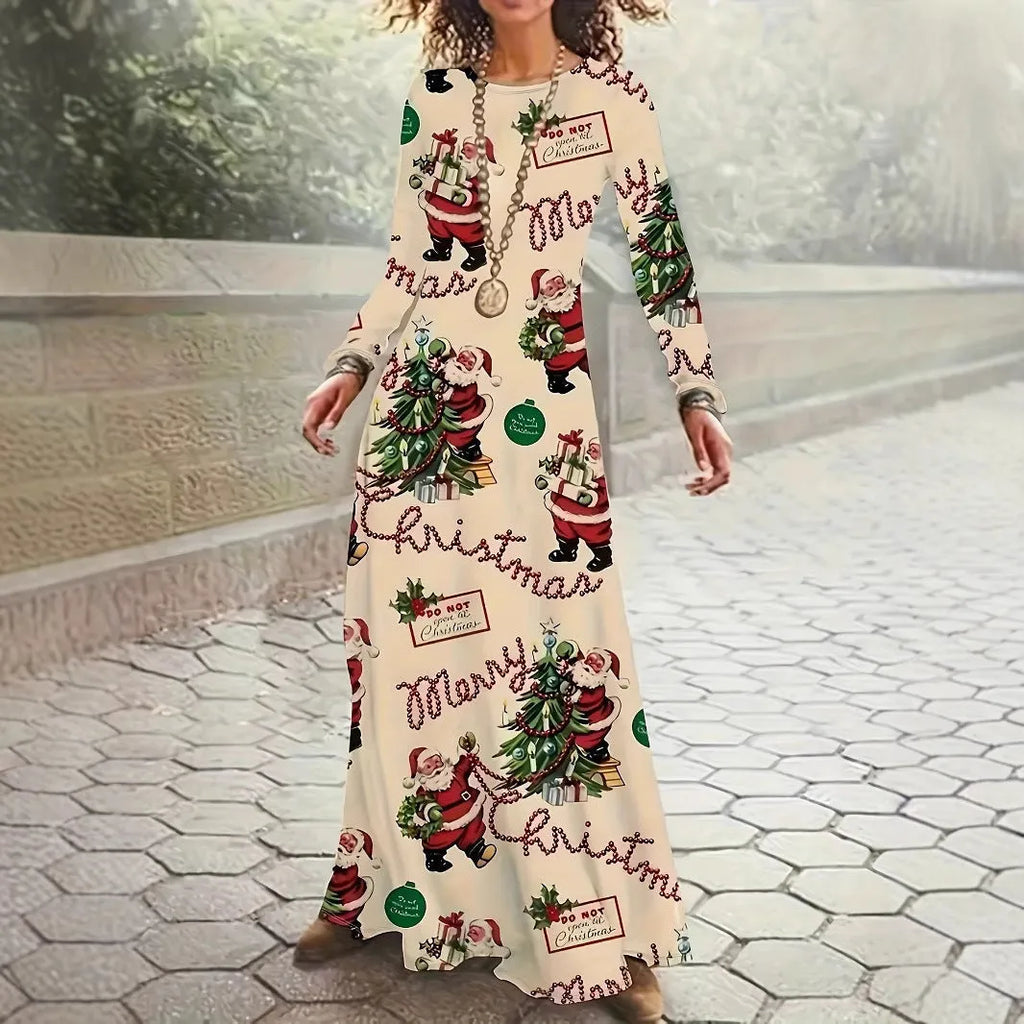 Santa Claus printed long sleeve polyester dress in beige with leather stitching details